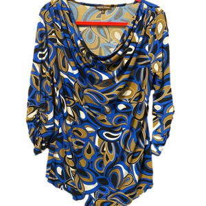 Adrienne Vittadini scooped neck blue black and brown blouse